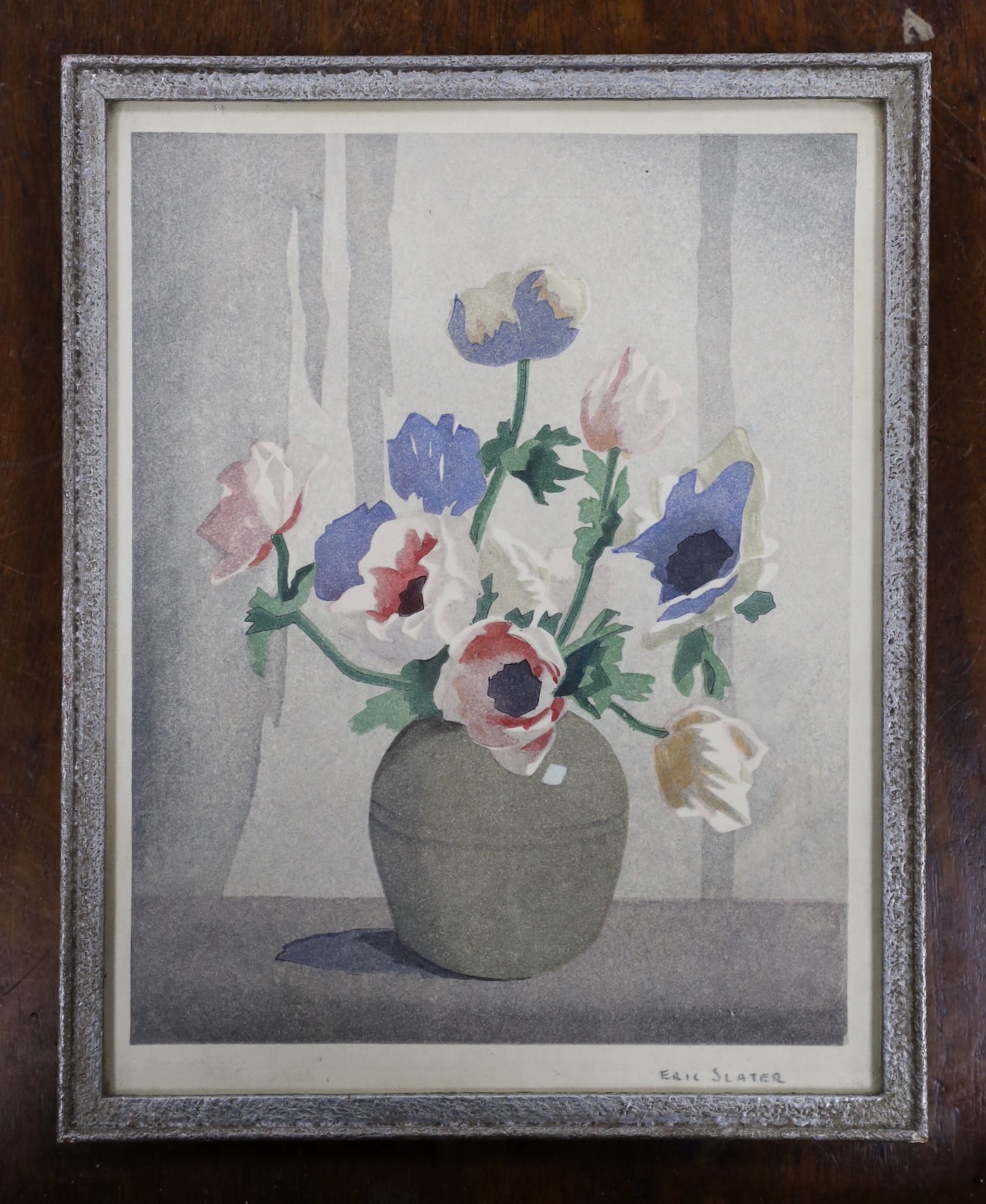 Eric Slater (1896-1963), wood engraving, Anemones in a vase, signed in pencil, 21 x 17cm